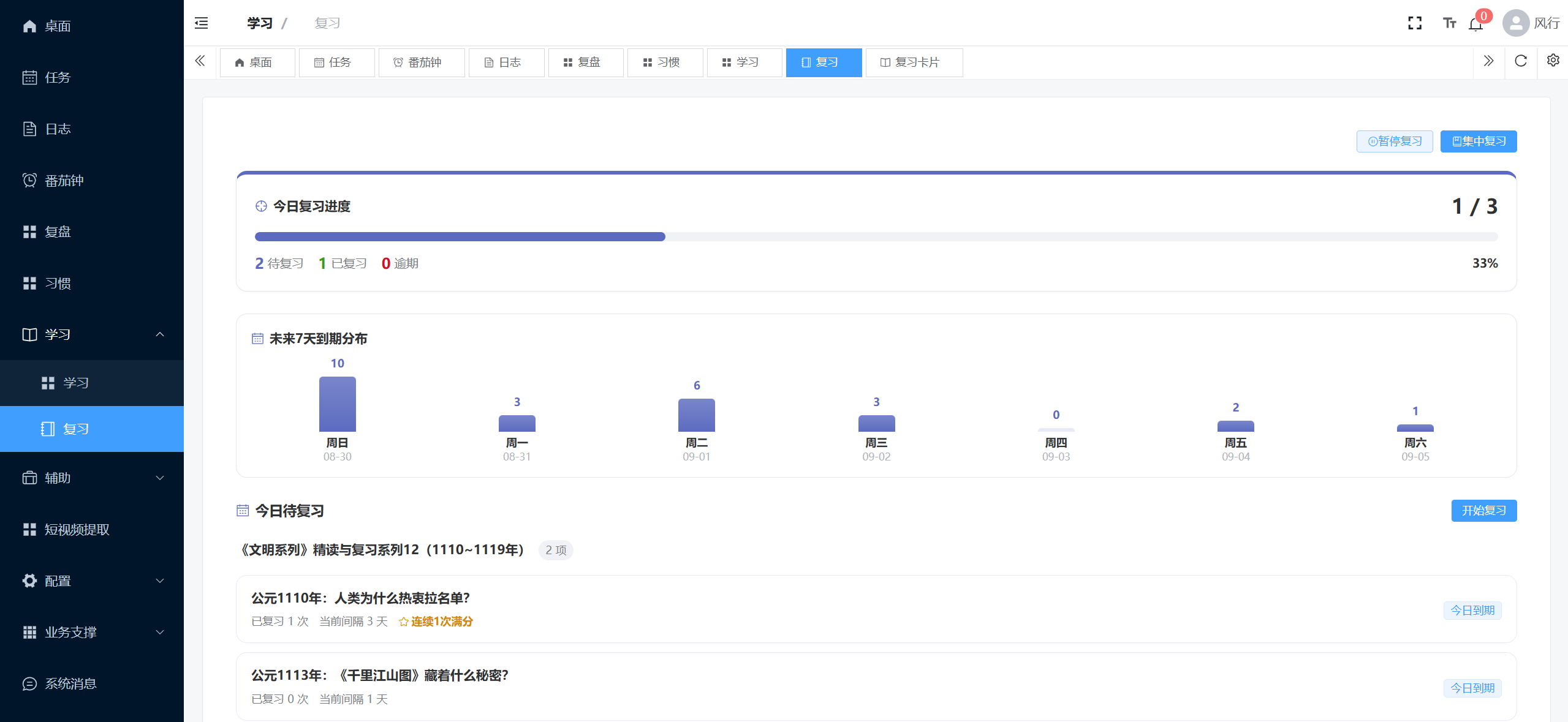 电脑端 - 今日复习进度与柱状图